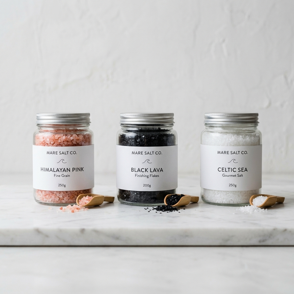 Three artisanal salt varieties in glass jars