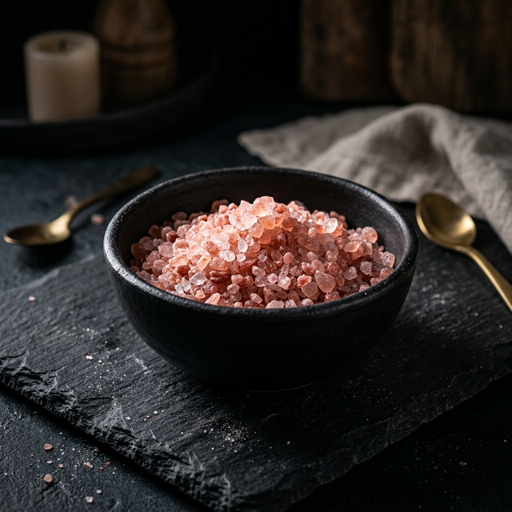 Pink Himalayan salt crystals in a black ceramic bowl